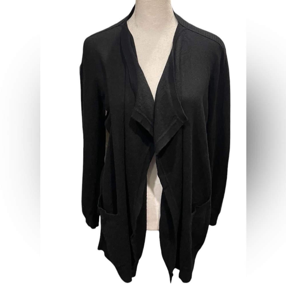 Sandro Black Wool Cashmere Open Cardigan Leather Elbow Patch Size 2
